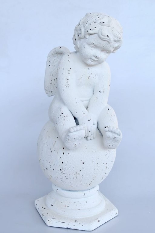Large White Distressed Angel Sitting On Ball